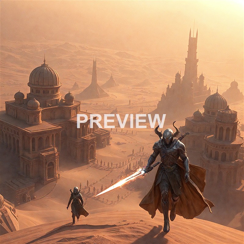 Two armored warriors with swords walk across a desert landscape featuring grand, ancient-style buildings and towering structures under a hazy sky.